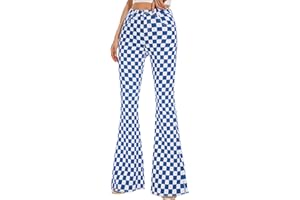 ODEFOU Bell Bottom Jeans for Women High Waisted Stretch Plaid Flare Jeans Denim Bootcut Pants
