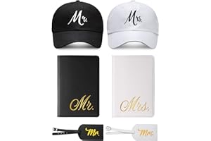 Jeyiour 6 Pieces Mr and Mrs Gifts Set for Couple Including Bride Baseball Caps Groom Mr and Mrs Luggage Tags Passport Covers for Bridal Wedding Honeymoon Couples Trip Travel Men Women Gift