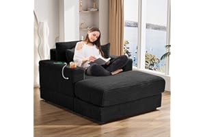 ONEMMLION Oversized Chaise Longue Chair Indoor with Ottoman, 42" W Corduroy Upholstered Modern Deep Seat Sofa Couch with USB Charging Ports⋓ Holder, Comfy Reclining Chair for Living Room, Black