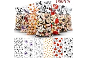 Outus 180 Pieces Halloween Treat Bags Bulk 6 Assorted Designs Clear Trick or Treat Cellophane Candy Goodie Bags with 200 Twist Ties for Halloween Party Supplies