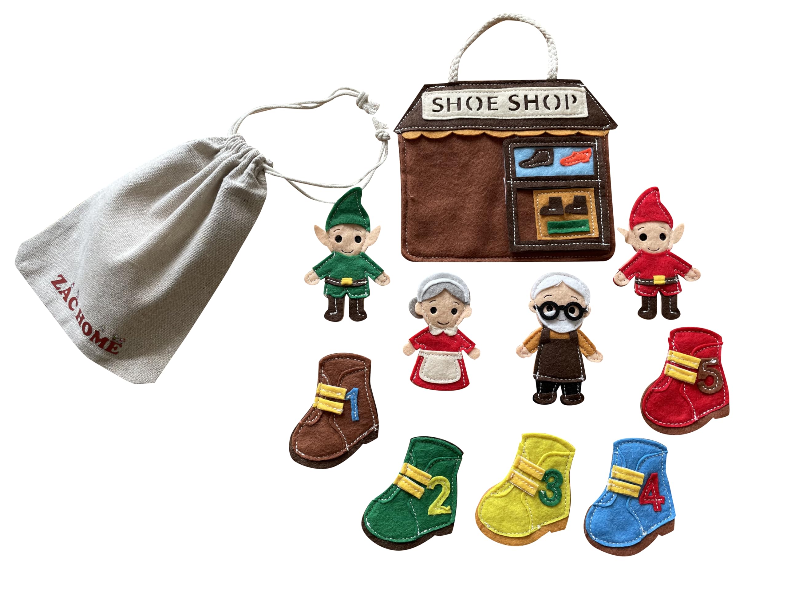 ZAC HOME Elves and the Shoemaker Finger Puppet Set – Classic Fairytale with Shoemaker, Wife, 2 Elves & 5 Numbered Shoes – Felt Puppets with Storage Bag for Storytelling and Pretend Play