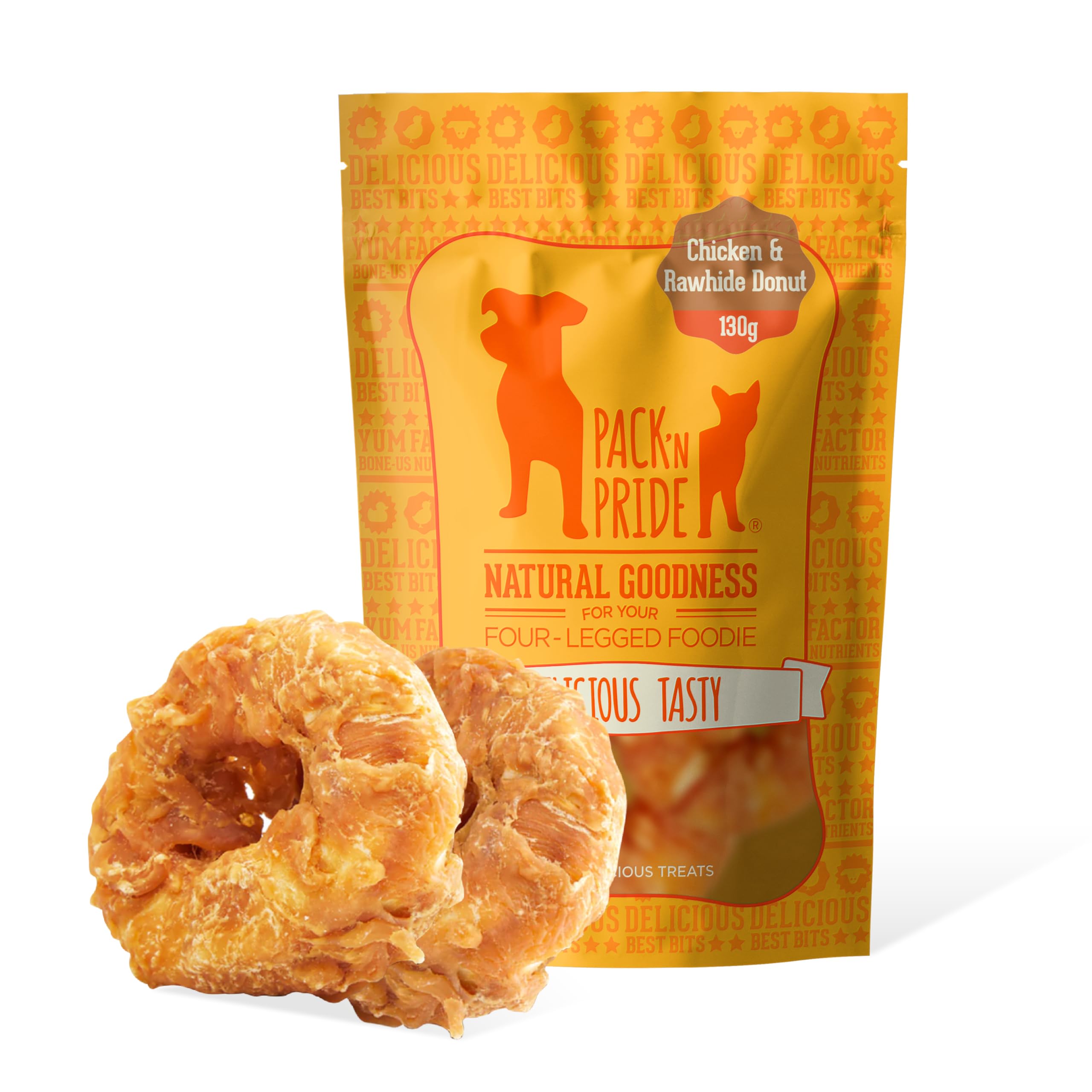 PACK'N PRIDE Dog Treats Long Lasting, 1 Pack*130g (2 Donuts included), Chicken Wrapped Rawhide Dog Chews for Medium&Large Dogs, Real Chicken Breast Meat, Low-Fat, and High in Protein