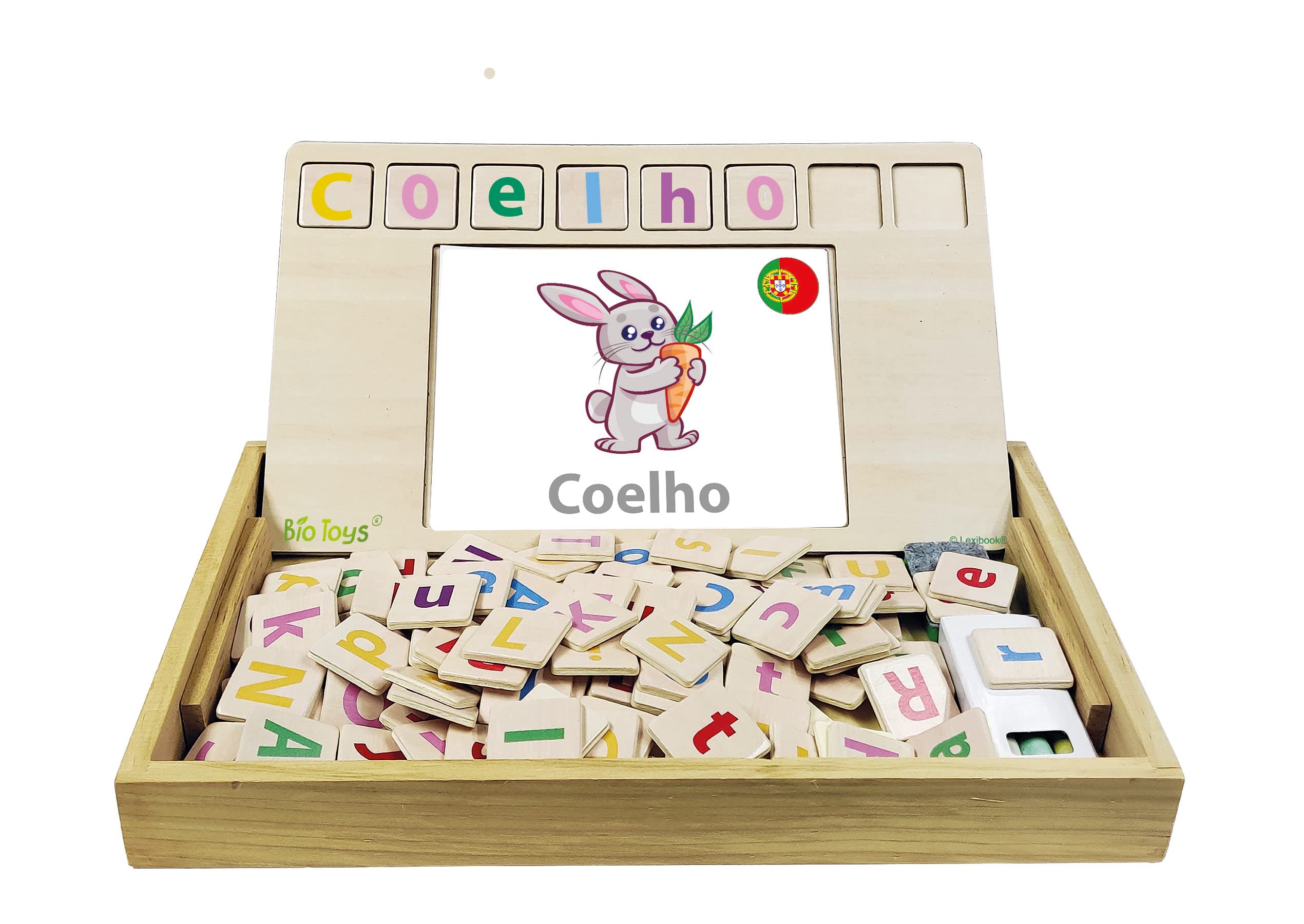 Lexibook, Bio Toys, Word School, bilingual Portuguese/English, wooden game, 50 word cards, alphabet, educational game, EDU100i4