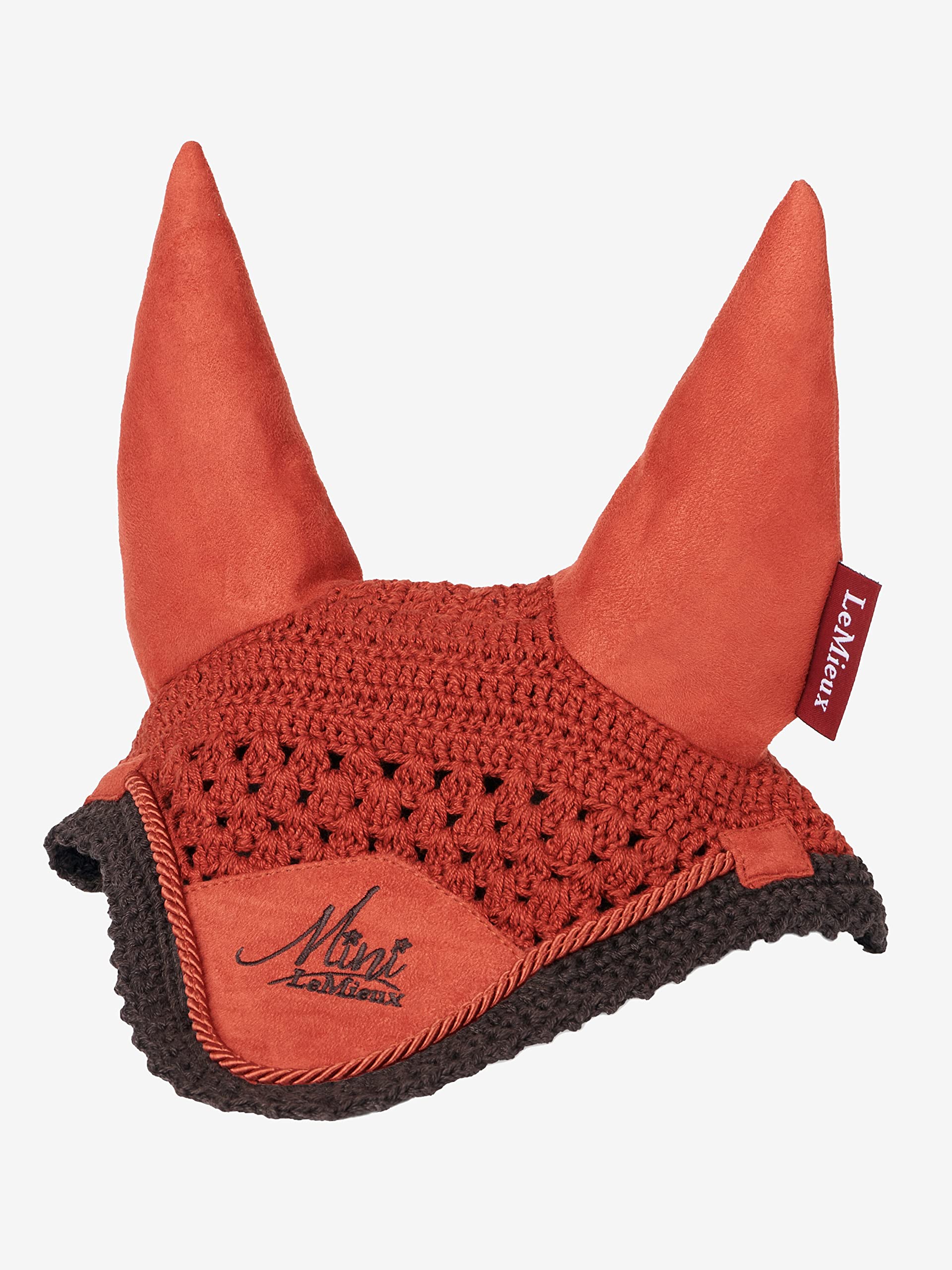 LeMieux Mini Fly Hood in Sienna with Soft Lycra Ears - Close Knit Crochet - Comfortable Fit Equestrian Mask - Sport Horse Wear - Small