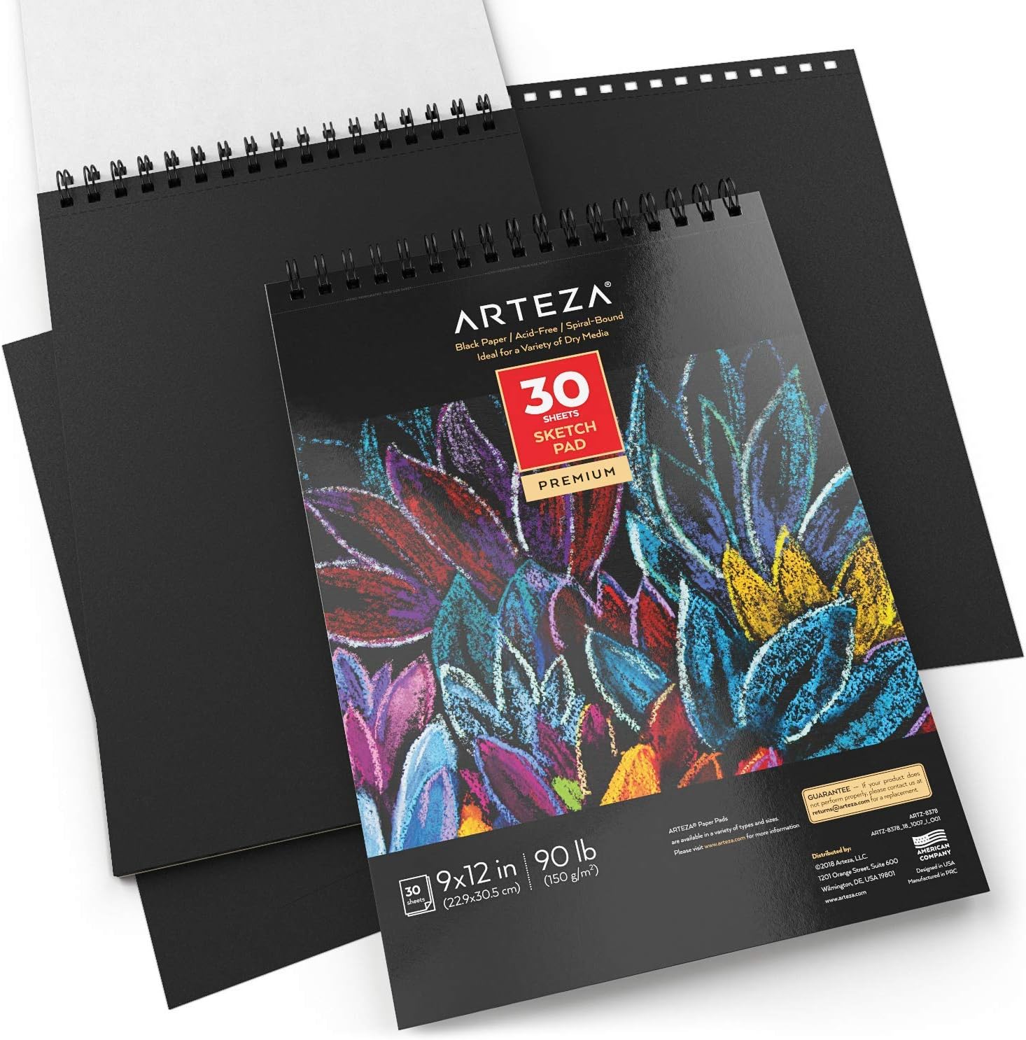 ARTEZA 9X12” Black Sketch Pad, Pack of 2, 60 Sheets (90lb/150gsm), 30 Sheets Each, Spiral-Bound, Heavyweight Paper, Perfect for Graphite & Colored Pencils, Charcoal, Oil Pastels, Gel Pens, Chalk, Ink