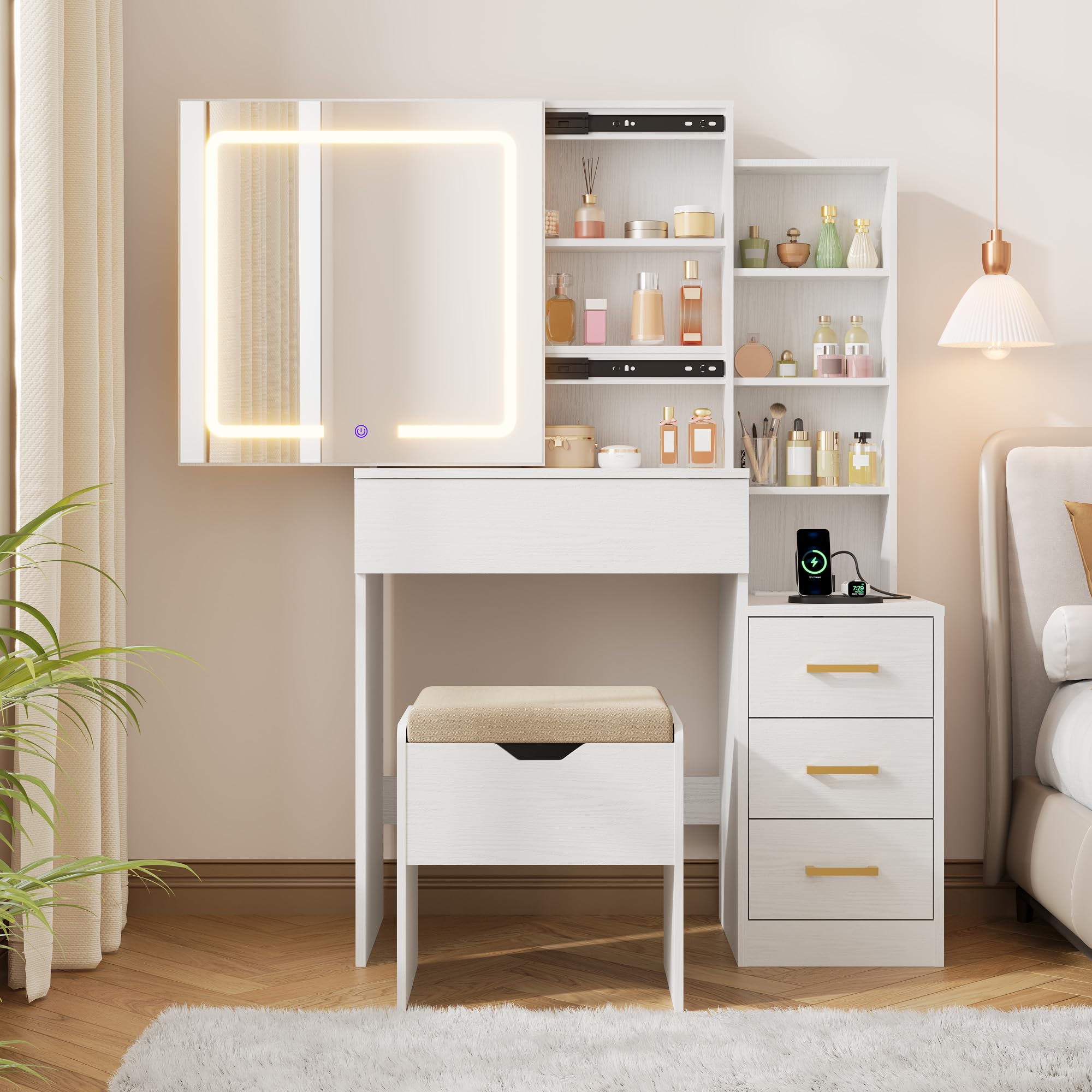Photo 1 of ** PARTIAL SET*** GarveeHome Makeup Vanity Desk with Sliding Mirror, Vanity Dressing Table with 3 Color Adjustable Lights, Girls Vanity Set with Stool, 4 Compact Vanity Drawers, Power Outlet, White