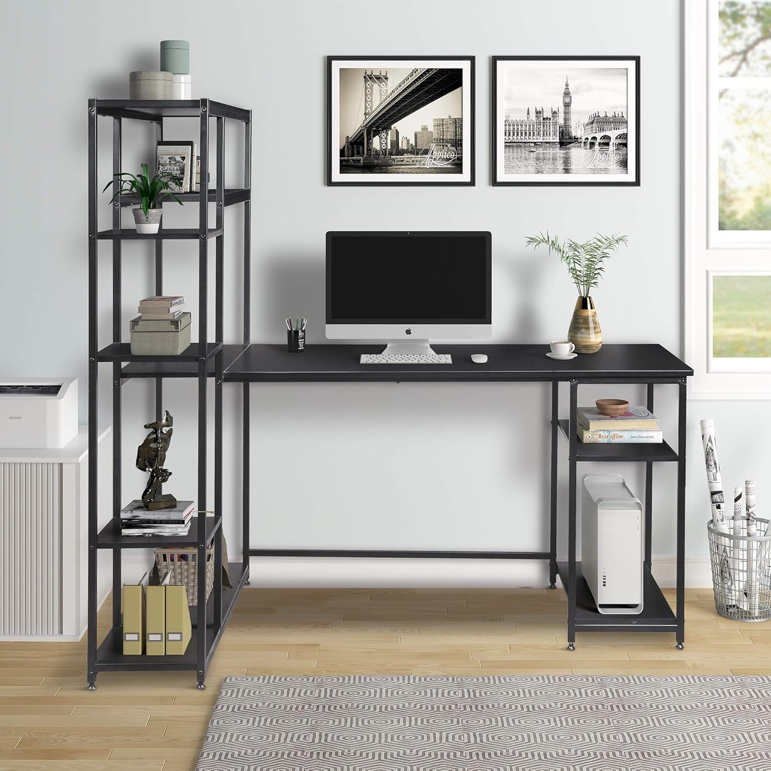 Goujxcy Computer Desk with Storage Bookcase & Organizer Shelf, Home Office Reading Gaming Workstation Desk, Board Tabletop Metal Frame, Black