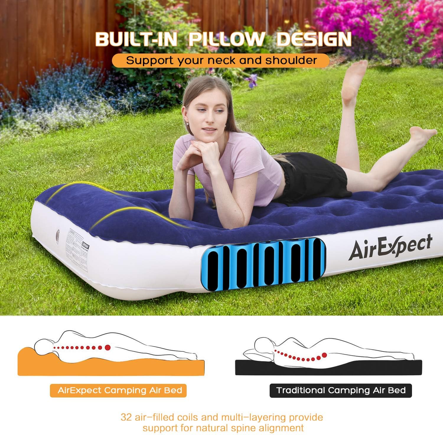 AirExpect Air Mattress Camping AirBed Queen & Twin Size Leak Proof Inflatable Mattress with Rechargeable Electric Pump Built-in Pillow for Guest, Camping, Hiking, Height 9", Storage Bag : Sports & Outdoors