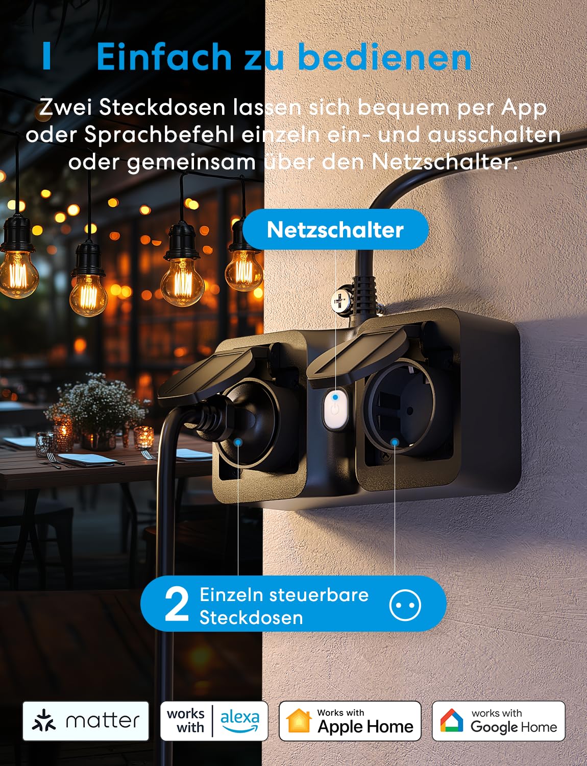 Meross Matter WLAN Steckdose Outdoor mit Strommessung, Smart Steckdose Stromzähler für Balkonkraftwerk Außensteckdose Wasserdicht IP44, funktioniert mit HomeKit, Alexa und Google, 16A 1,5m 2