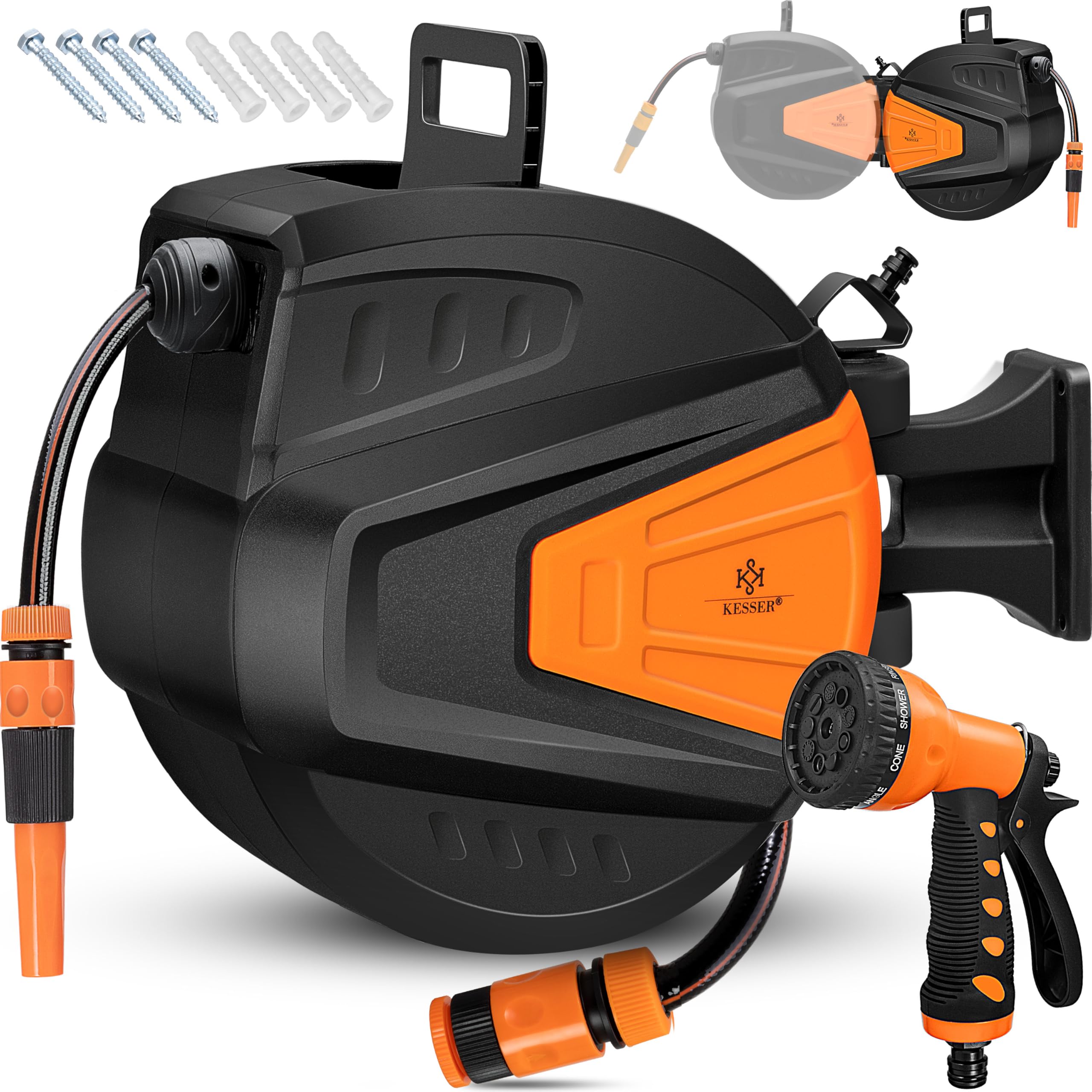 KESSER® automatische Schlauchtrommel 20 m + 2 m, Wand Schlauchbox mit Aufrollautomatik, Schlauchaufroller mit Gartenschlauch, 180° schwenkbar + Multi Handbrause mit 9 Modi, inkl. 2 Aufsätze, Orange