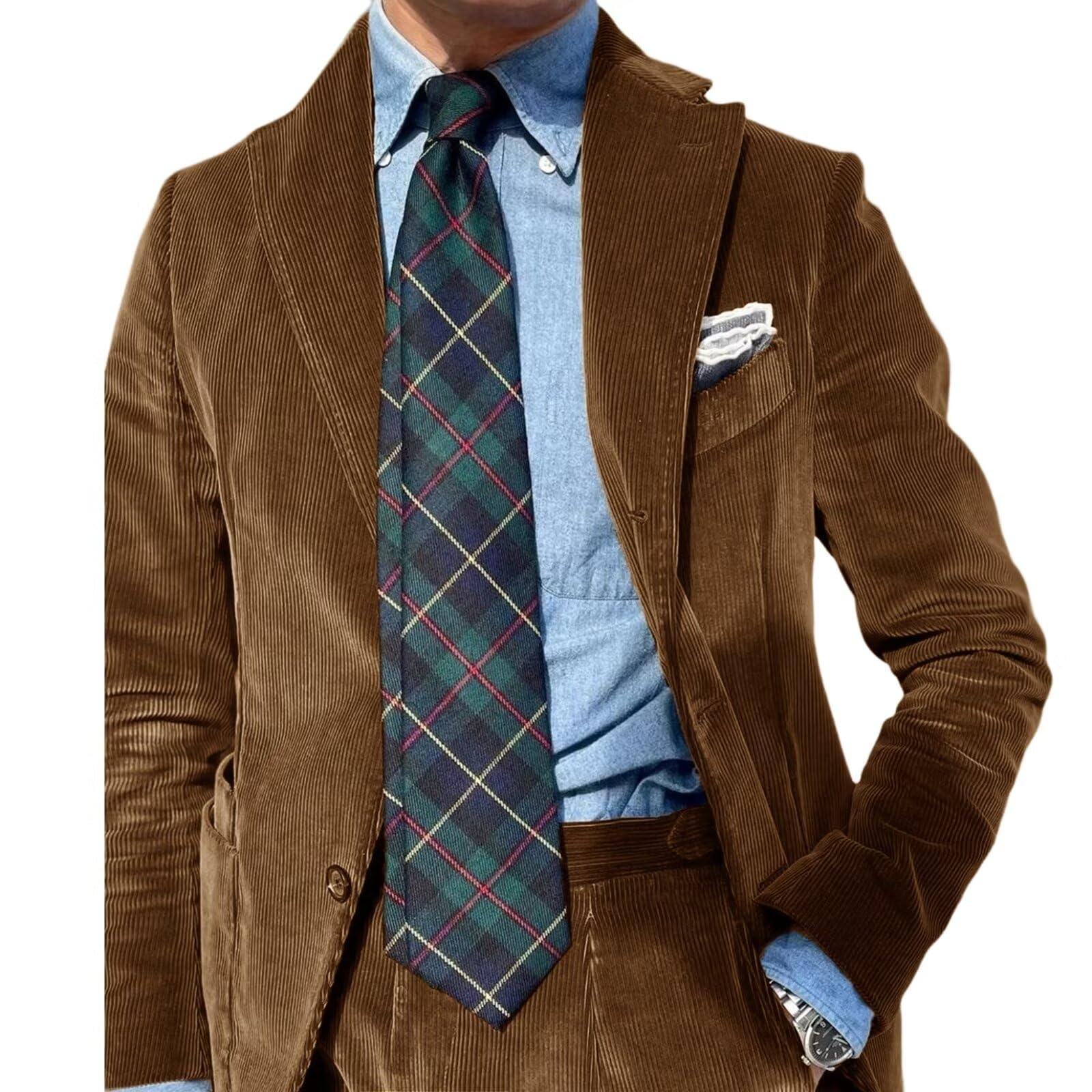 Photo 1 of Retro Suits for Men Vintage Corduroy Formal Brown 2 Piece Mens Suit Slim Fit Groom Tuxedos Prom Blazer Jacket Pants Set XL