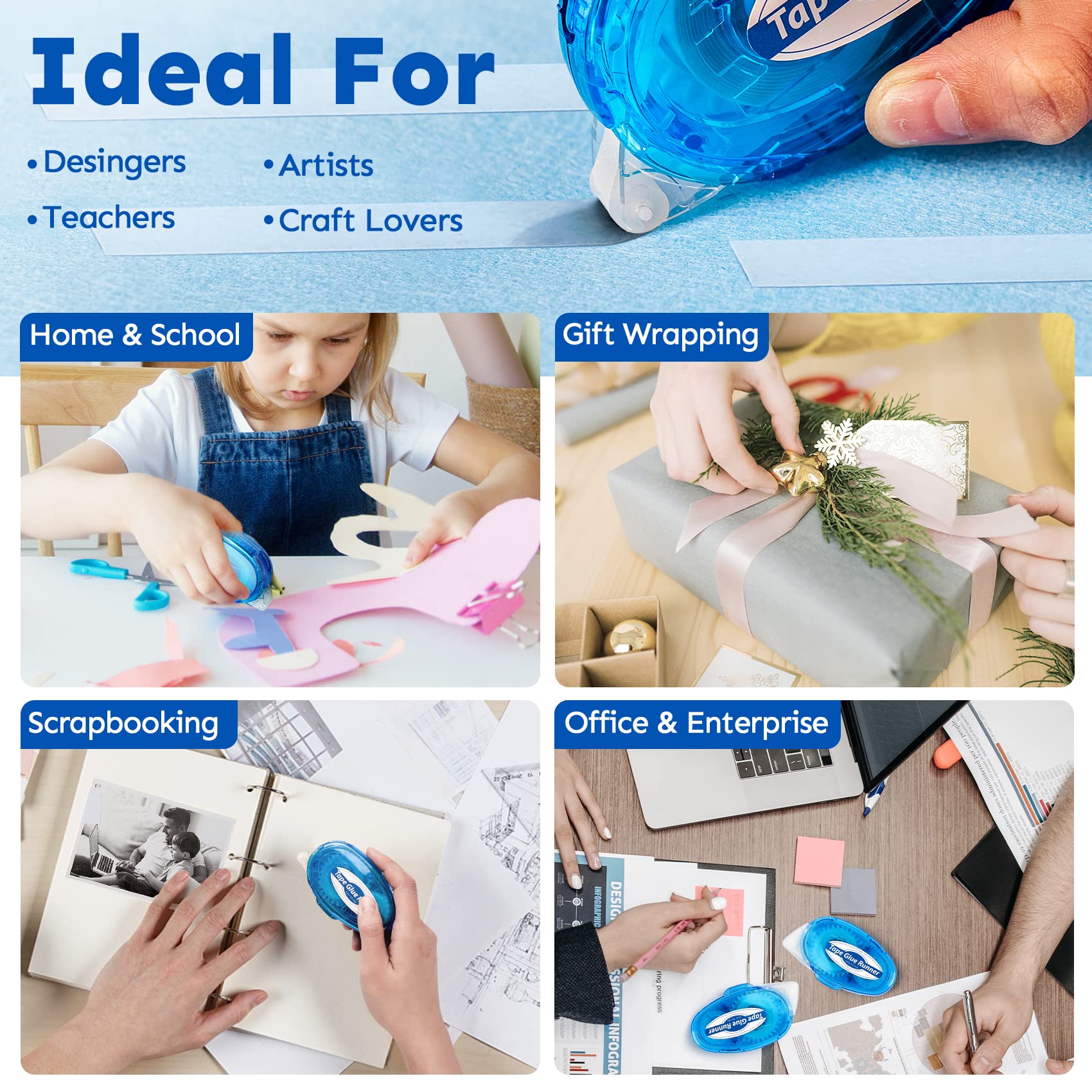 12 Pack Double Sided Tape Roller, 8mm x 315 Inch Permanent Adhesive Scrapbook Tape Dispenser Runner, Glue Tape Roller for Scrapbooking, Crafts and Arts Projects, Photo-Safe, Smooth & Clean
