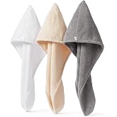Amazon Basics Quick Dry Microfiber Hair Towel Wrap, Hair Drying Towel, White/Beige/Grey, 3-Pack
