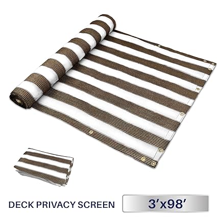 3 x 98, Brown/White Strips: Windscreen4less Deck Privacy Screen for Backyard, Patio, Balcony, Pool, Porch, Railiing, Gardening, Fence Shield Rails Protec