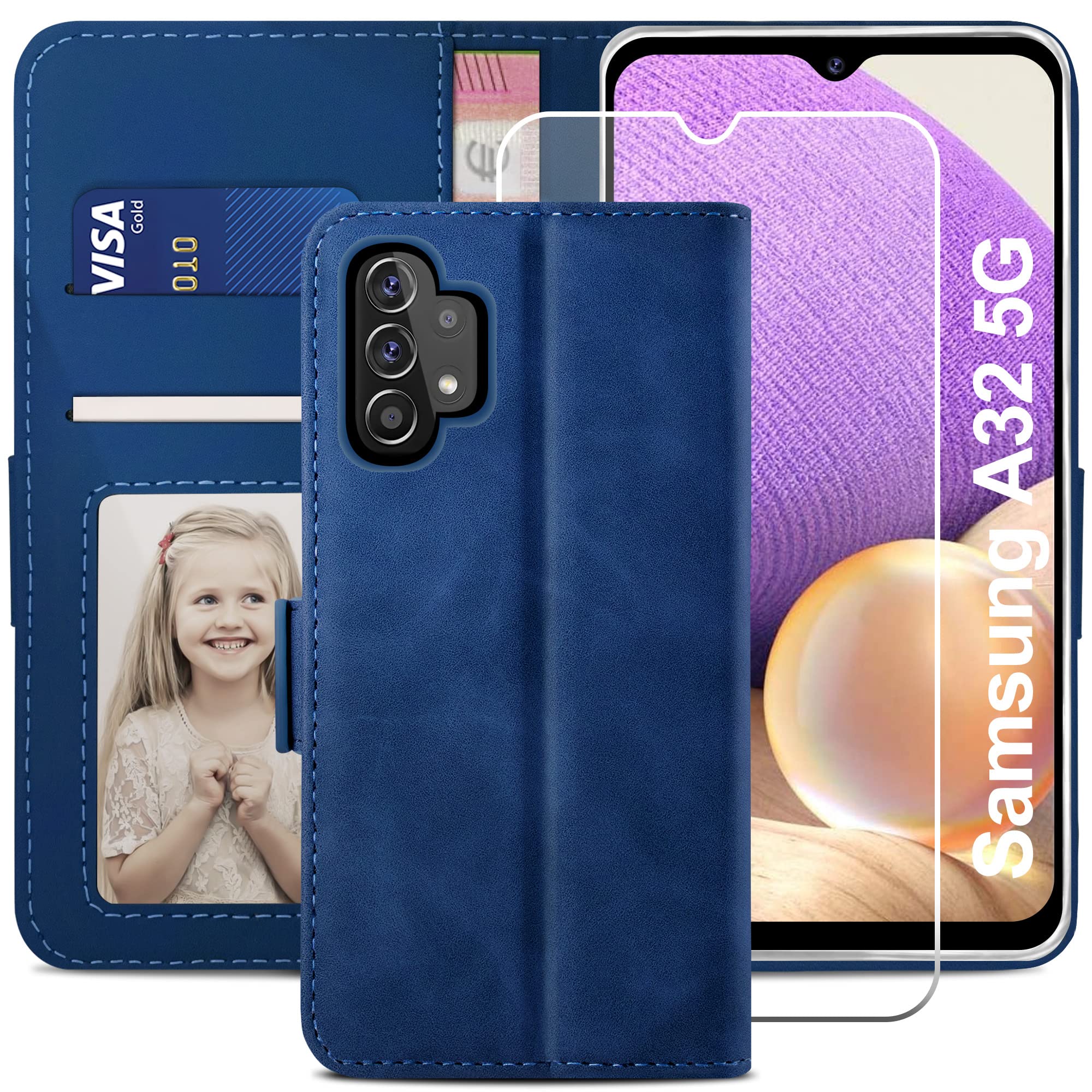 YATWIN Compatible with Samsung Galaxy A32 5G Case, Flip Wallet Leather Case with Tempered Glass Screen Protector and Card Slot Kickstand Phone Cases Cover for Samsung A32 5G - Blue
