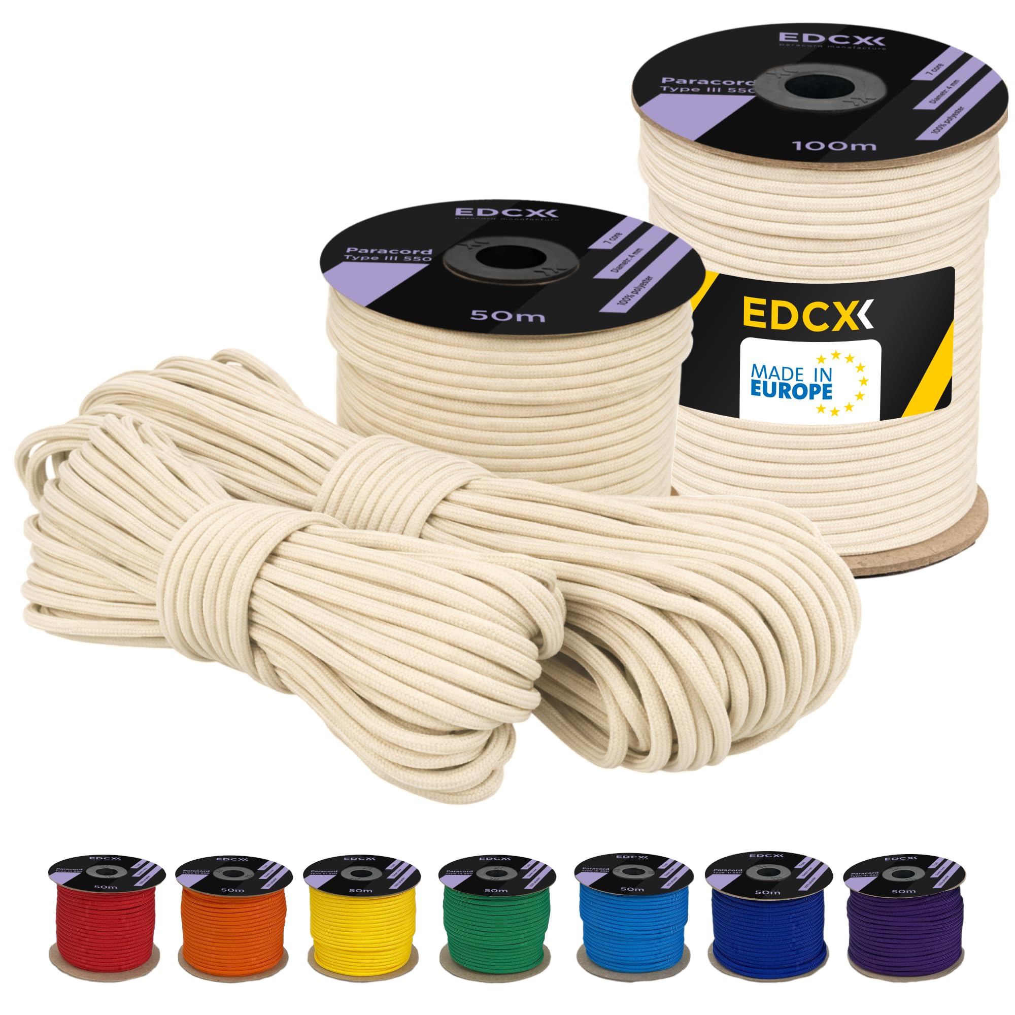 EDCX 4 mm Polyester Paracord 550 (15, 30 and 50 m) – 4 mm Type III, Tear-Resistant Parachute Cord for Survival Made of 100% Polyester with 7 Wires | Solid Colours (White, 15 m)