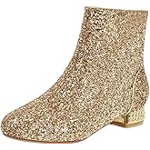 MAVMAX Sequin Low Heeled Ankle Boots Women Sparkly Glitter Block Heel Booties