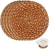 Classicseali 4pcs Wicker Coasters, 4 in Coasters for Desk for Drinks, Round Boho Heat-Resistant Drink Wicker Coaster for Protects Desktop from Heat, Scratches