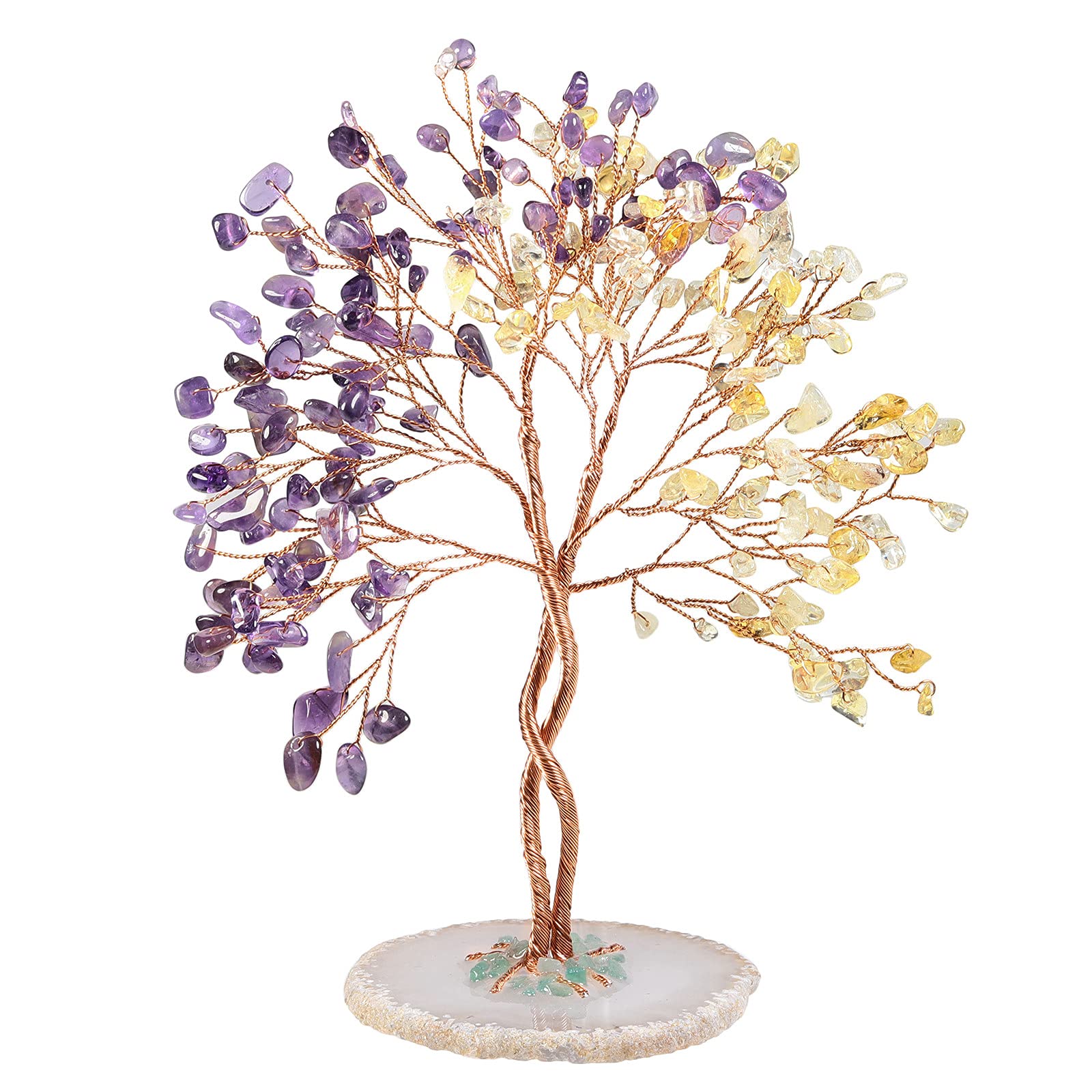 mookaitedecor Amethyst & Citrine Crystal Tree of Life Healing Crystal Money Tree with Agate Base, Purple Yellow Crystal Bonsai Tree Good Luck Crystal Gift for Women Feng Shui Ornament Wedding Gift