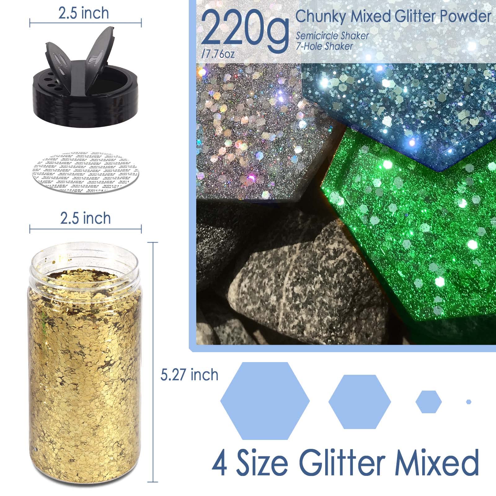Matio Chunky Glitter 7.8oz/220g Black Craft Ultra Fine Glitter Powder Mixed Chunky PET Flakes Sequins for Resin Epoxy Painting Arts Cosmetic Nail Hair Makeup Tumblers Slime DIY Party Festival Decor