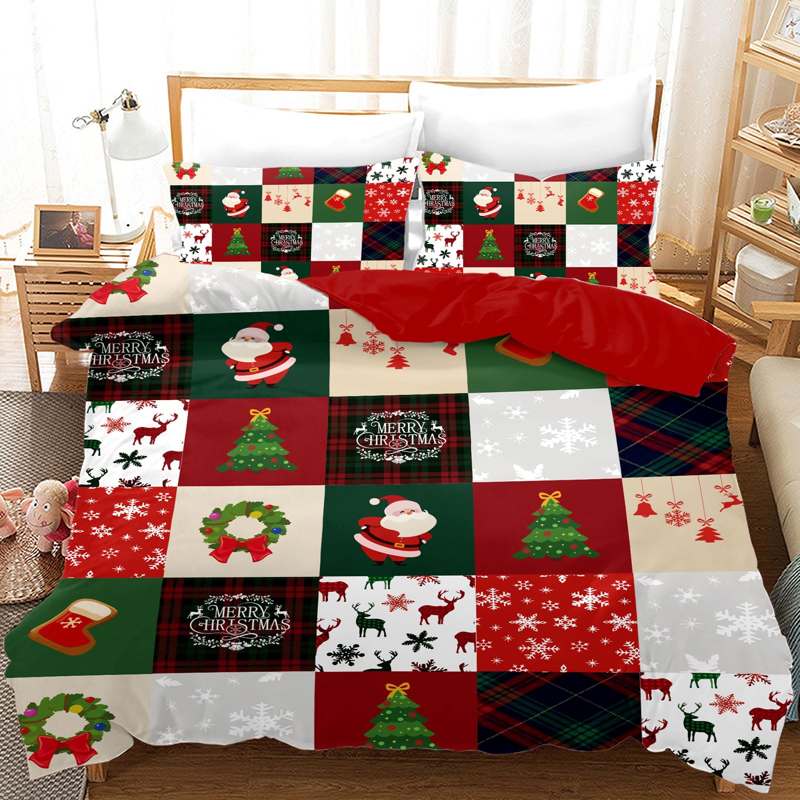 UGZDEA Christmas Bedding Set 135x200cm, 3D Christma Bedding Set With 2 Pillowcases, Father Christma, Christmas Tree, Deer, For Kids Teenagers (F, 135x200cm)