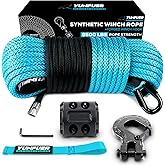 YUNFUER Synthetic Winch Rope Cable Kit - 3/16" x 50ft, 8500LBS with Protective Sleeve + Forged Winch Hook + Rubber Stopper and Safety Pull Strap for ATV UTV (Blue)