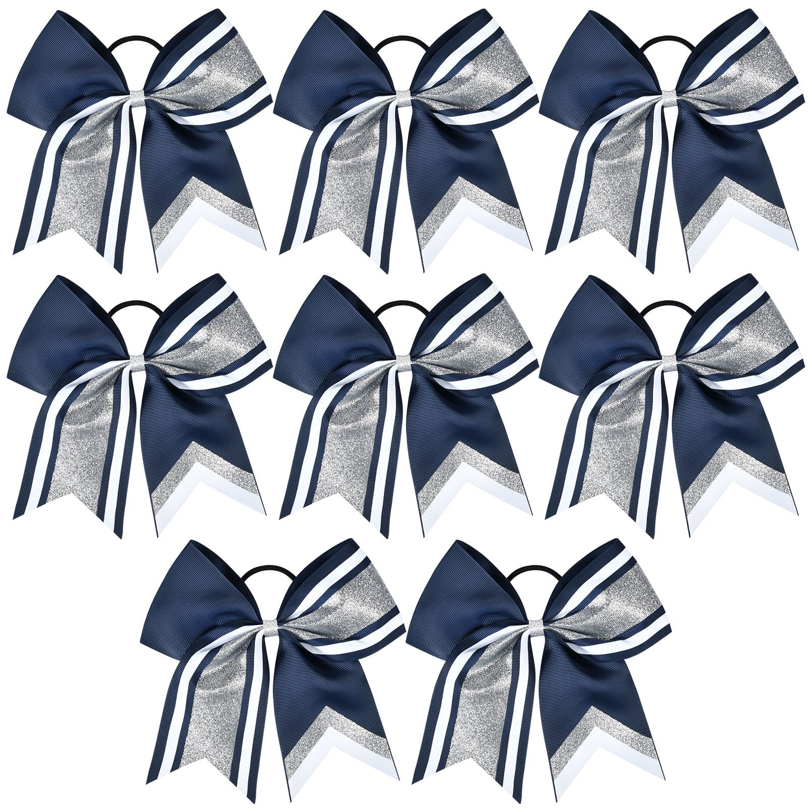Photo 1 of 8 PCS Large Glitter Cheer Bows 8" Hair Bows Sparkly Cheerleading Softball Team Bow Hair Ponytail Holder Accessories for cheerleaders football Competition Sports- Silver Navy Blue White