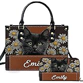 Personalized Black Cat Leather Handbag – Custom Name Gothic Purse Gift for Cat Lovers, Women