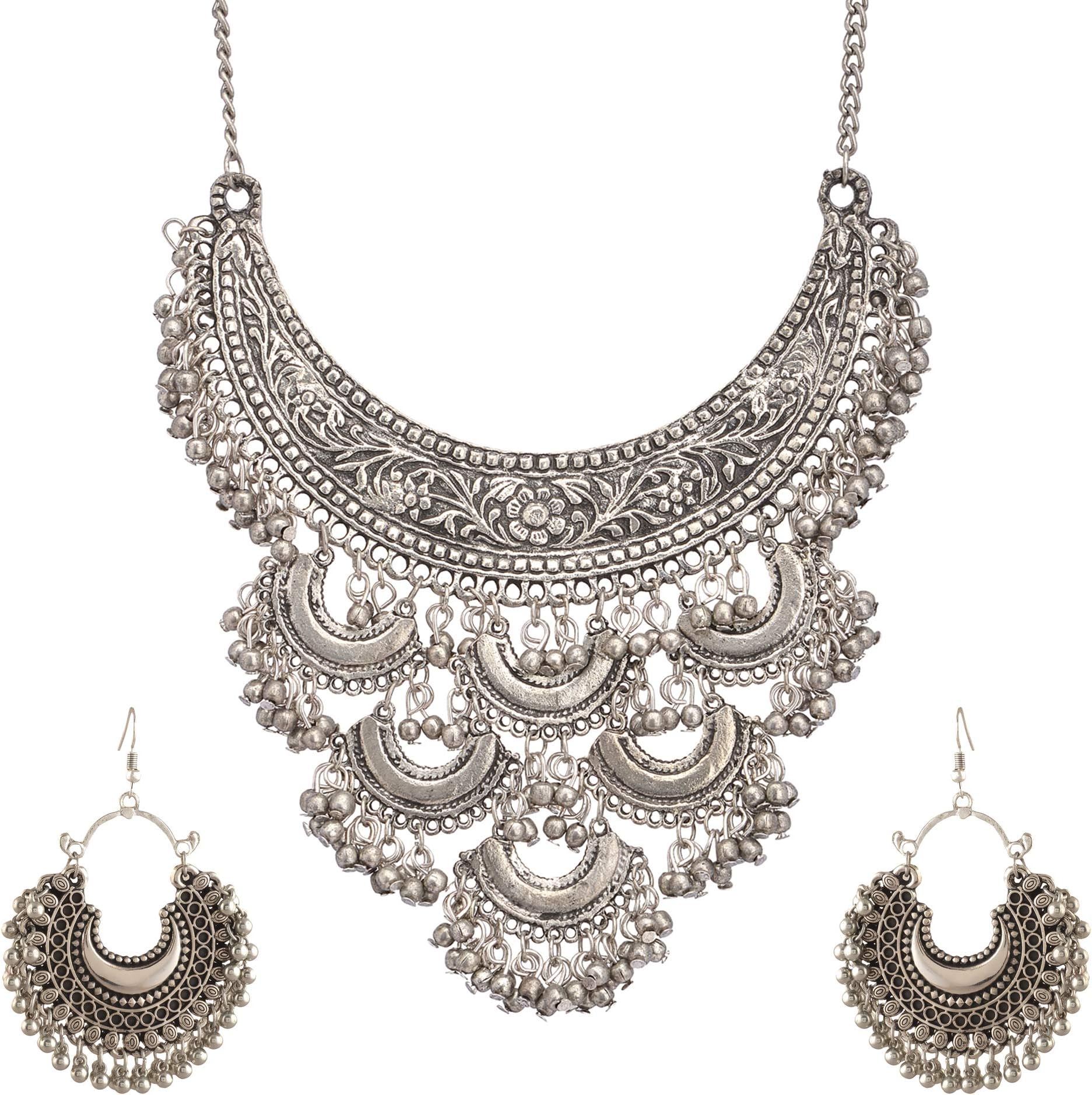 Afghani Silver Alloy Jewelry Set Bib/Choker Necklace Chandbali Earrings