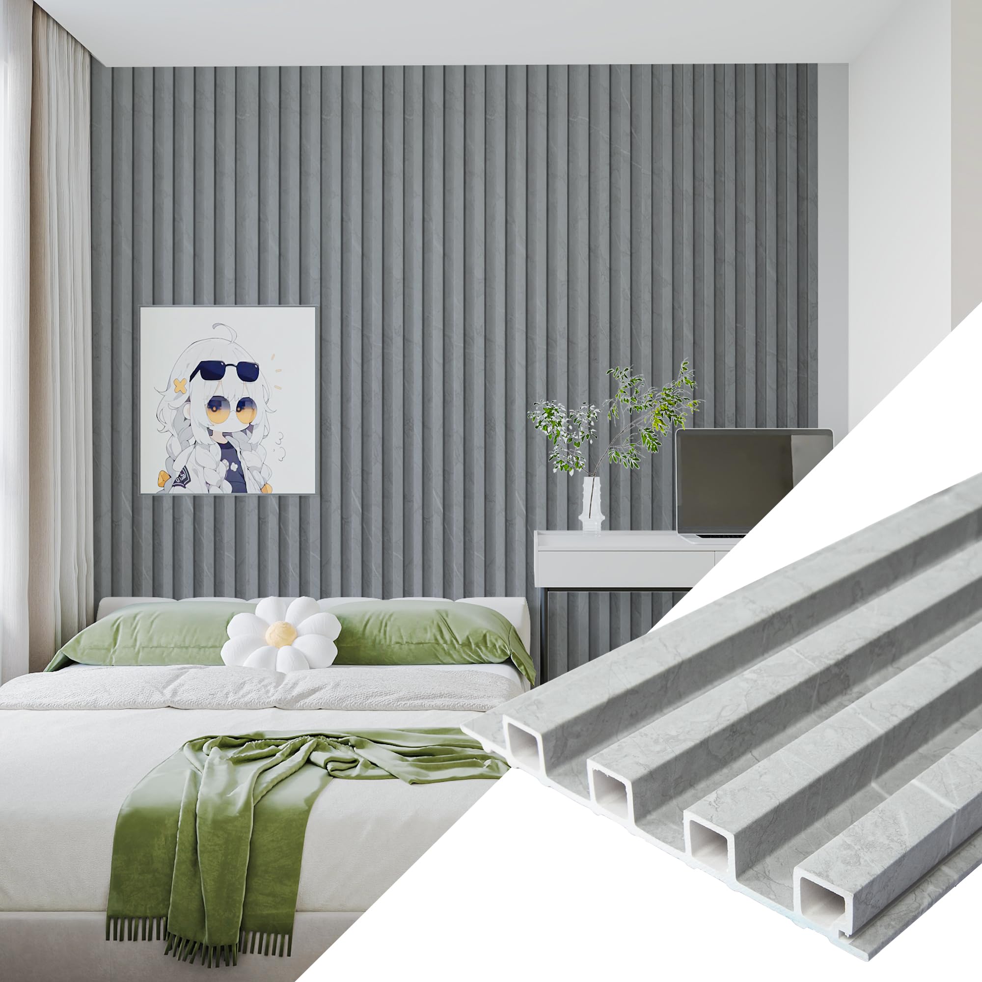 Photo 1 of ***PARTS ONLY/CUT IN DIFFERENT PIECES/SOME DAMAGE TO ENDS***Art3dwallpanels 8-Pack 96 x 6 Inches Wood Slat Wall Panels in Slate for Interior Décor, Decorative Fluted Accent Wall Covering for Living Room, Bedroom, TV Background, and Office