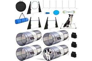 FURRYBABY Dog Agility Training Equipment,Course Backyard Set Training Equipment for Dogs Pet Outdoor Game with Grey and Black Tunnel, Agility Hurdle, Poles, Jump Ring, Pause Box, Toy Balls and Storage Bag