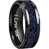 CROWNAL 6mm 8mm Blue Carbon Fiber Black Celtic Dragon Tungsten Carbide Wedding Band Ring Engraved I Love You Size 4 To 16