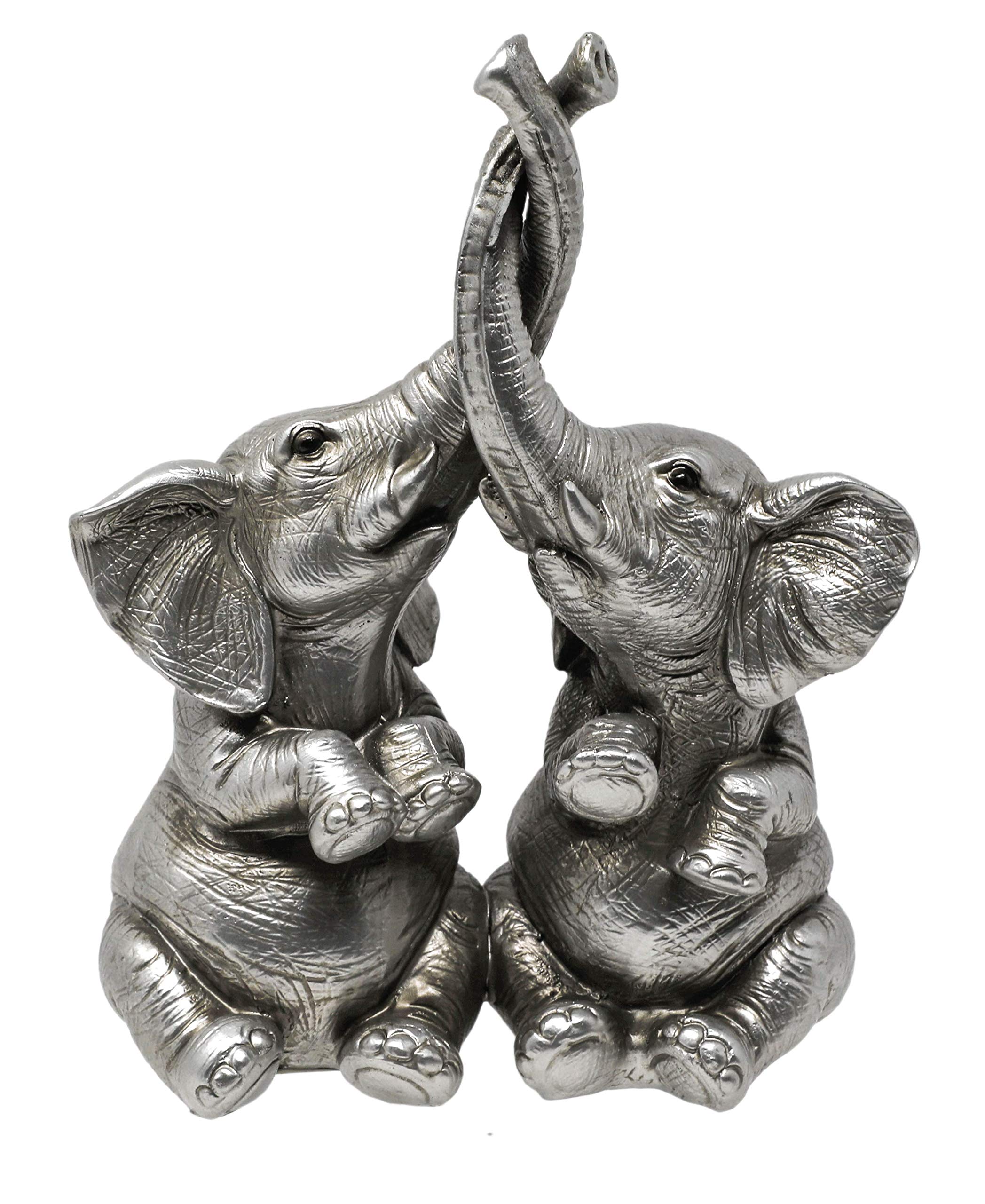 Thorne Antiques & Collectables Mr & Mrs Elephants - Loving Elephant Statue With Entwined Trunks (Silver)