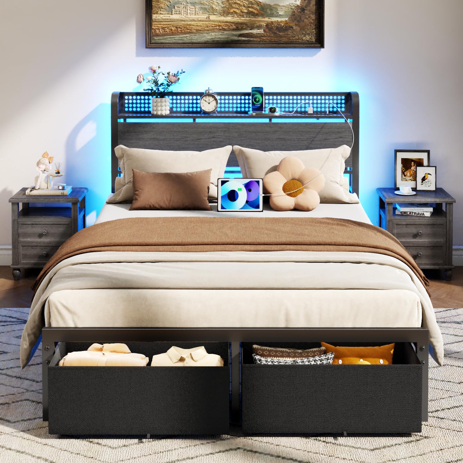 Furnulem Full Size Bed Frame with Headboard Storage, Platform Bed Frame with Charging Station, 2 Drawers & LED Lights, No Box Spring Needed, Noise Free, Easy Assembly, Rustic Grey (1000 lbs Capacity)
