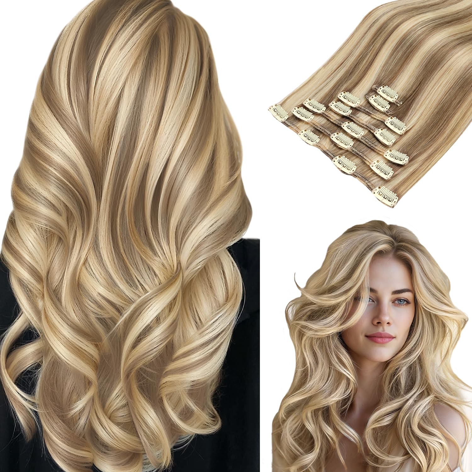 hotbanana Clip in Hair Extensions, Ash Brown Highlighted Golden Blonde Clips in Hair Extension Real Human Hair Double Weft Clip In human Hair Straight Remy Hair Extensions 18 inch 120g 7pcs — image 1