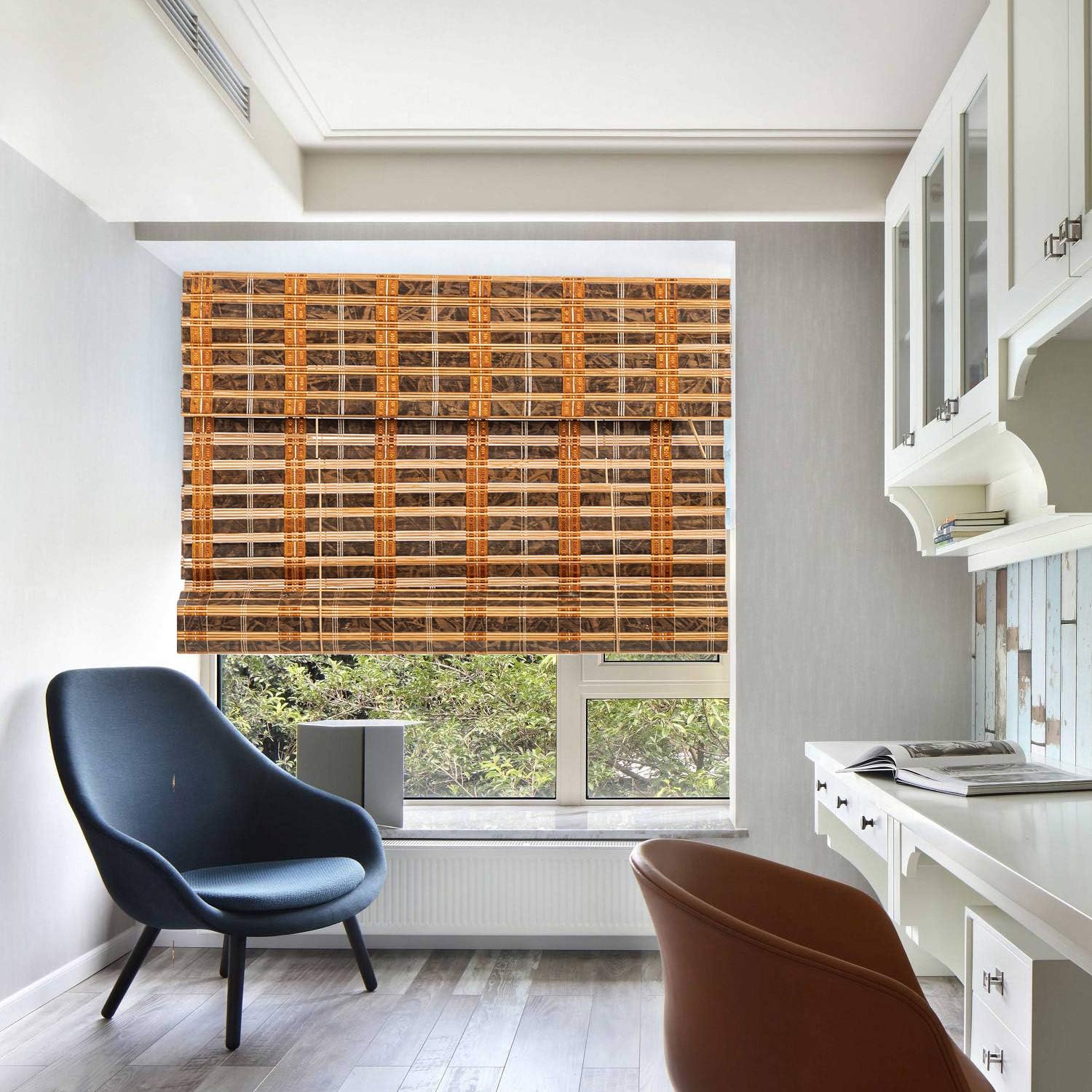 TJ Global Bamboo Roll Up Window Blind Sun Shade, Light Filtering Roller Shades with Valance (Carbonized, 28" x 64")