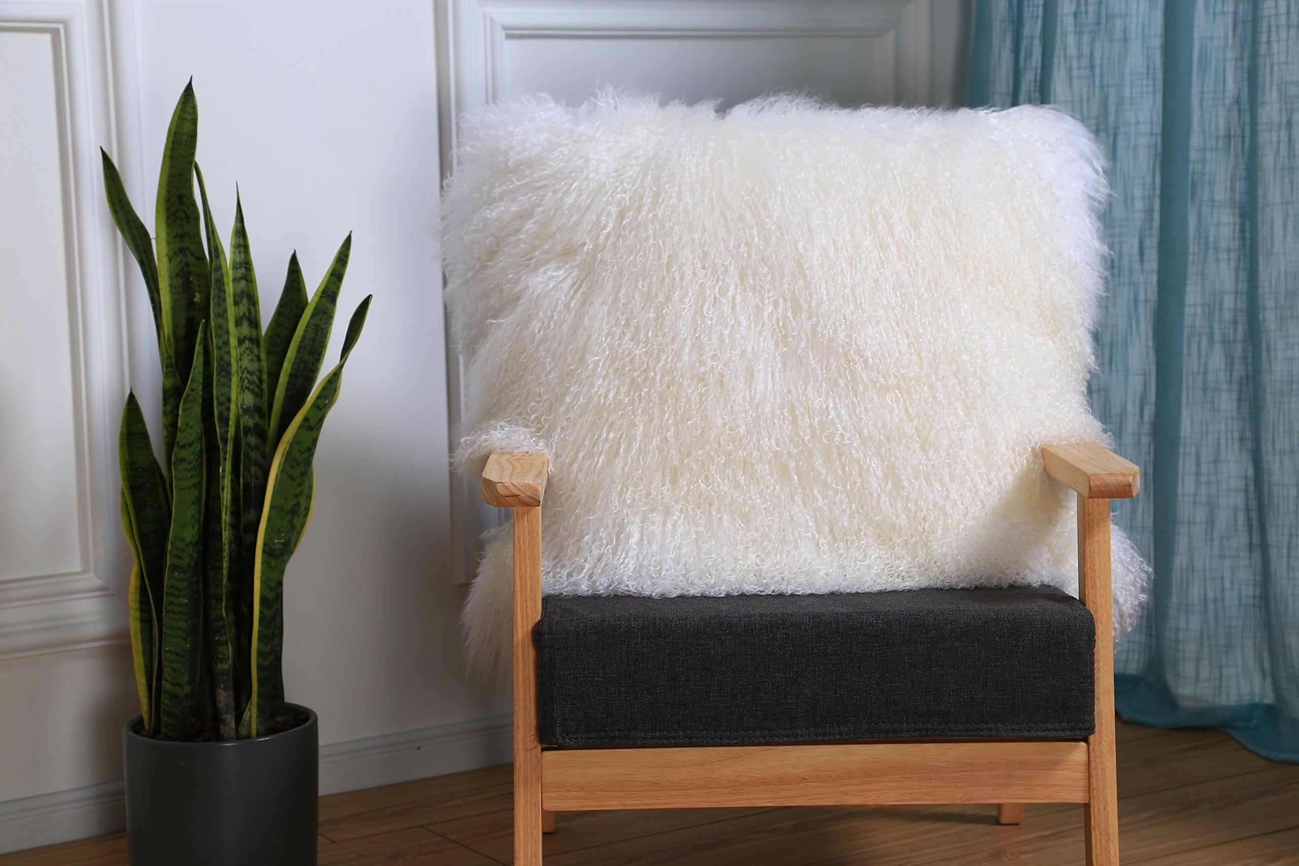 February Snow Deluxe Home Decorative Rectangular Soft Plush 100% Real Mongolian (Tibetan) Lamb Wool Pillow/Cushion Cover/Case (White, 24x24inch)