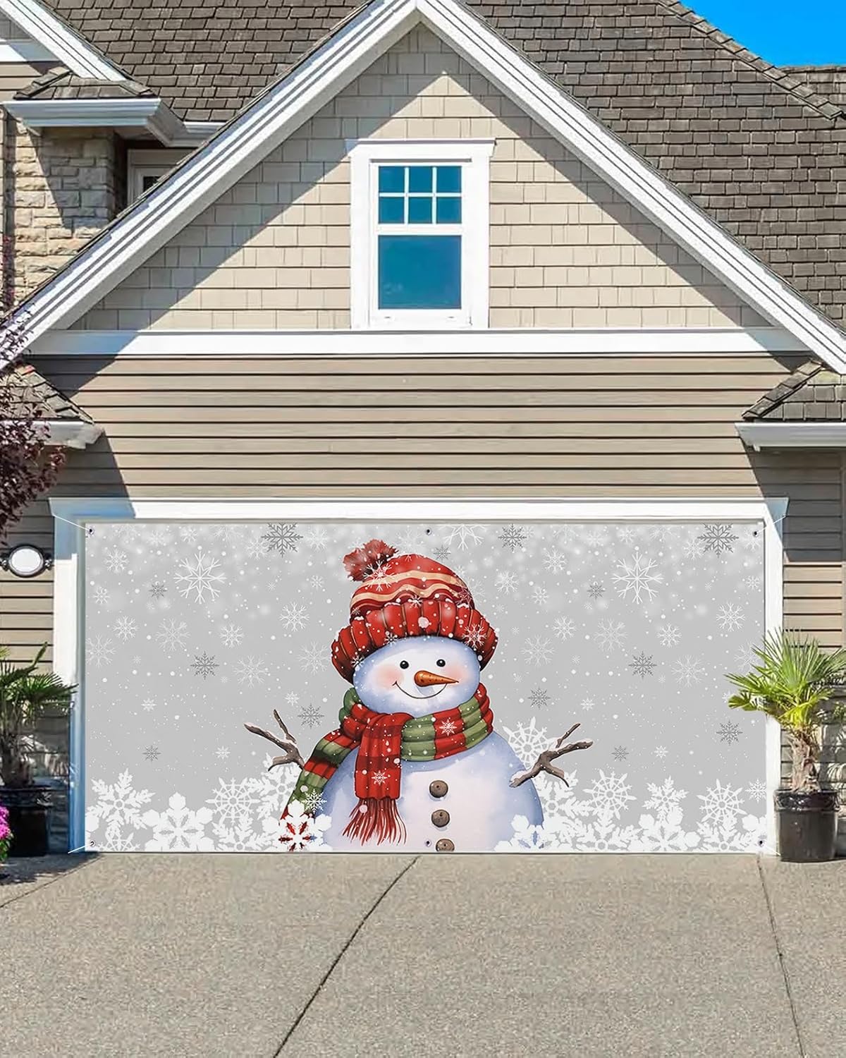 Garage Door Decorations - Christmas Garage Door Banner Cover 7 x 8 ft, Christmas Cute Snowman White Snowflakes Grey Christmas Garage Door Decorations Holiday Christmas Backdrop Decor for Winter New Year Xmas Party