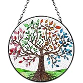Tuitessine Tree of Life Stained Glass Suncatcher Four Season Theme Colorful Leaves Window Wall Hanging Ornament Hand-Painted Glass Panel Decor Gift for Women Christmas Thanksgiving Gift 6.3 * 6.3”