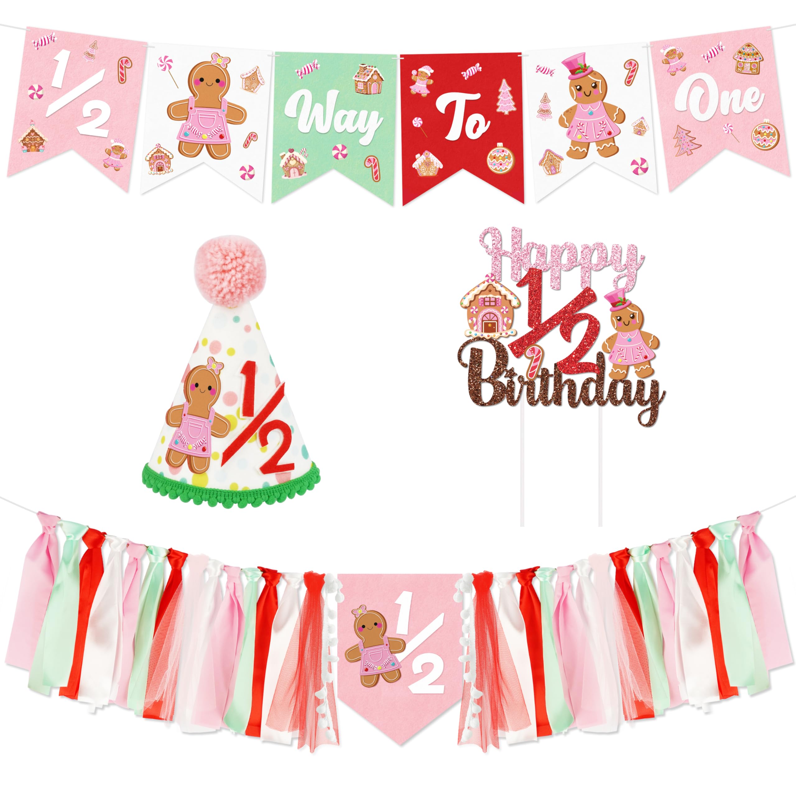 Photo 1 of 1/2 Birthday Christmas Half Birthday Decorations - Christmas It's My 1/2 Bday Banner Glitter Cake Topper Tassel High Chair Banner & Cone Hat Halfway to One Boy Girl Party Supplies