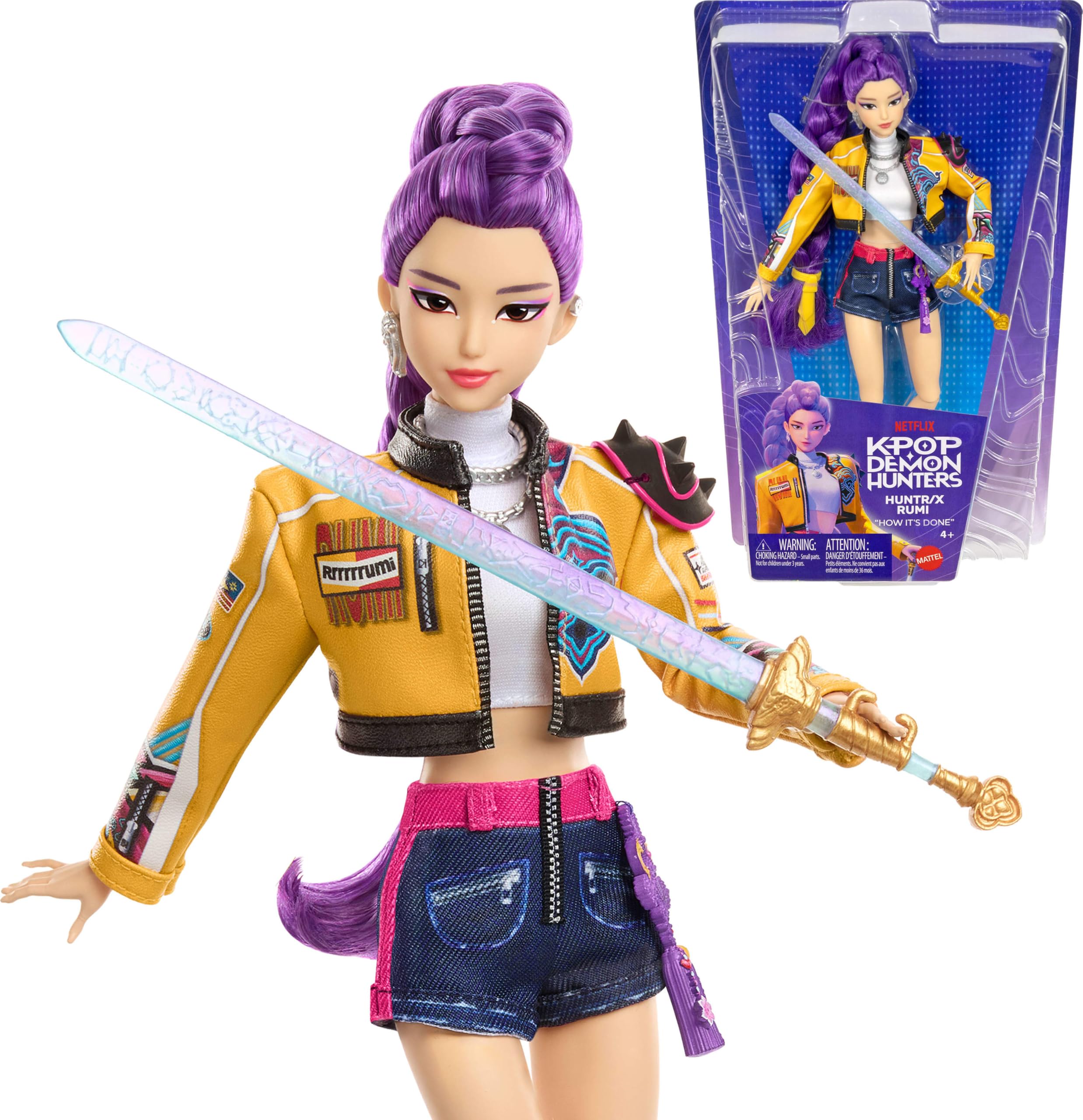 Mattel Kpop 악마 사냥꾼 HUNTR/X 루미 패션 인형 | "How It's Done" 퍼포먼스 룩, 소드 액세서리 착용, 영화에서 영감을 얻었습니다