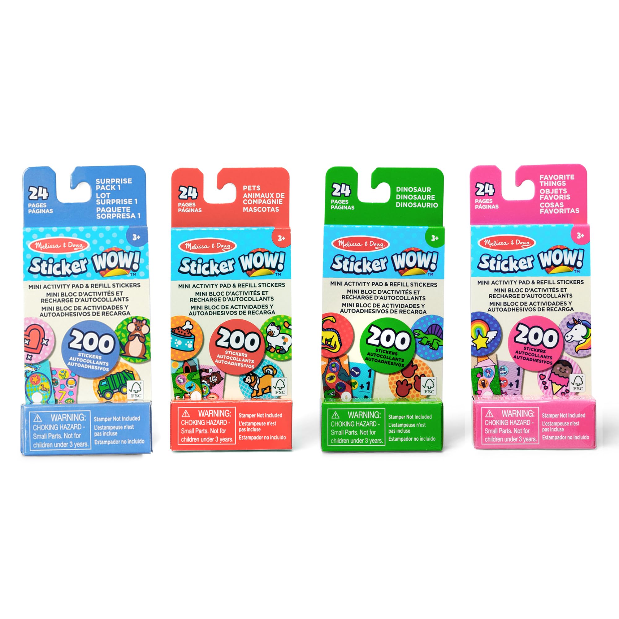 Melissa & Doug Sticker Wow!™ Mini Activity Pad and Refill Stickers 4-Pack (Dinosaur, Pets, Favorite Things, Surprise Pack 1) – 200 Stickers Each (800 Total) for Any Sticker Stamper (Not Included)