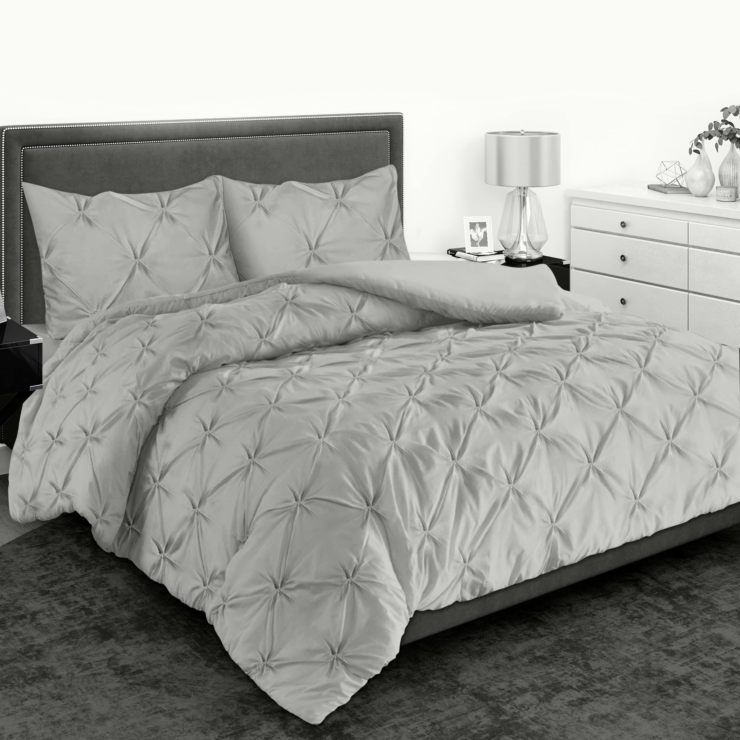 MH Home Pintuck Single Duvet Cover Set - 200 Thread Count 100% Egyptian Cotton Pinch Pleated Quilt Bedding Covers Set (Silver, Single)