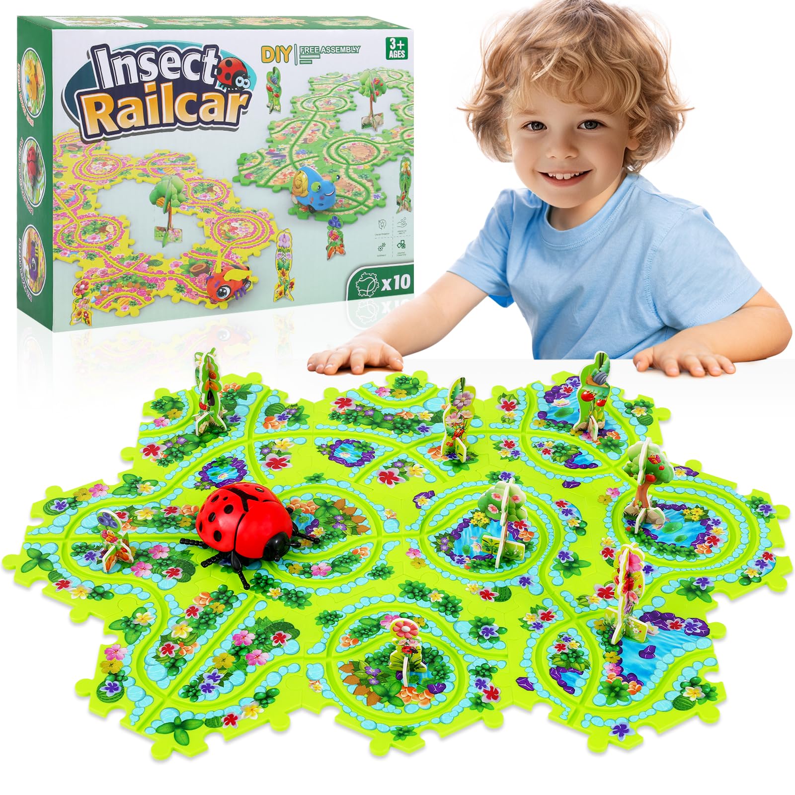 Photo 1 of 10Pcs Puzzle Racer Kids Car Track Set, Cars Toys for Toddlers, Puzzle Track Car Play Set, Race Tracks for Kids Ages 4-8, Educational Toys for 3 4 5 Year Old Boys (Ladybug)