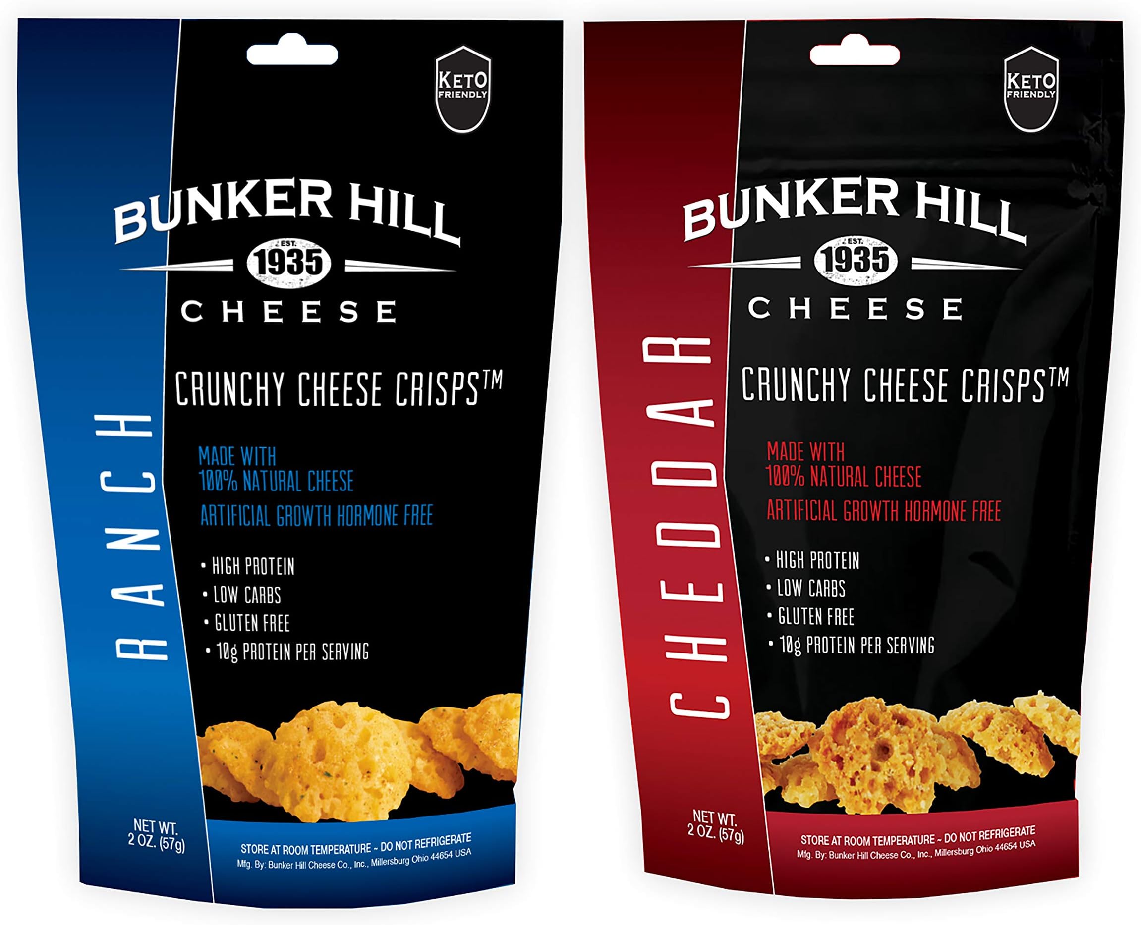 Bunker Hill Crunchy Cheese Crisps 100% Cheese High Protein, Gluten Free, Low Carb, Keto Snacks 2 Ounce Bag - Cheddar and Ranch 2 Pack