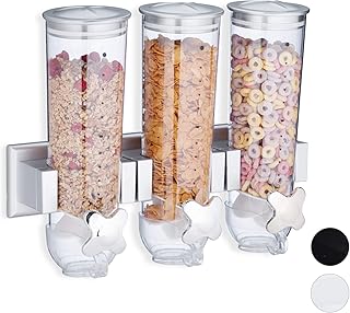 Relaxdays Müslispender, Dreifach, Wandmontage, Cornflakes & Süßigkeiten, HBT 32 x 40 x 14,5 cm, Cerealienspender, silber