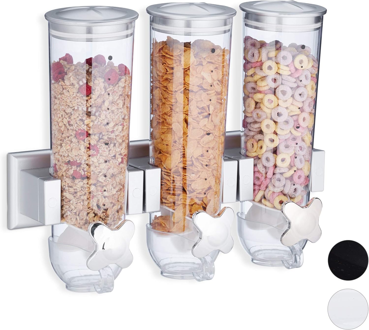 Relaxdays Müslispender, Dreifach, Wandmontage, Cornflakes & Süßigkeiten, HBT 32 x 40 x 14,5 cm, Cerealienspender, silber