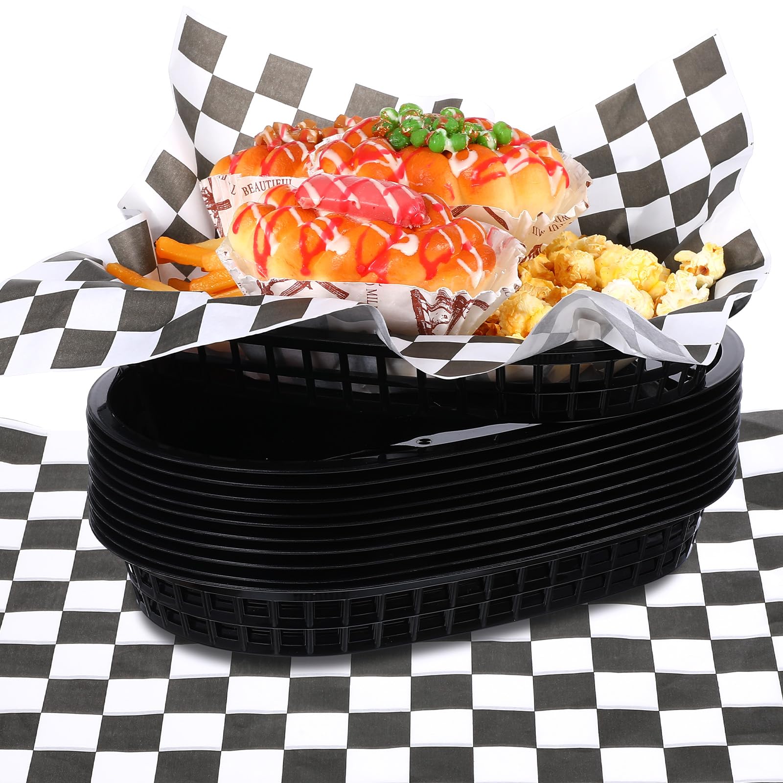 Photo 1 of 24 Pack Black Oval Fast Food Baskets, Food Serving Tray for Sandwiches, Burgers, Nachos, Fries, Hot Corn Dogs, Plastic Storage Basket Bin