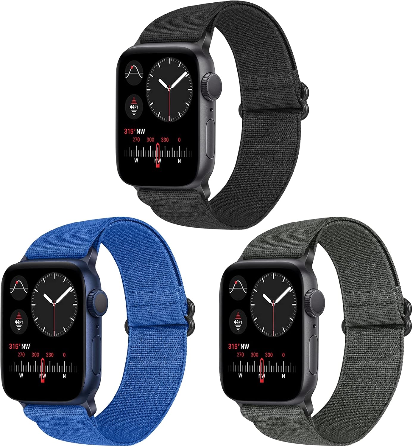 Vodtian Nylon Loop Elastic Watch Band Compatible with Apple Watch 42mm 44mm, Women Men Adjustable Replacement Sport Straps for iWatch Series 6/5/4/3/2/1/SE (Black+Gray+Blue, 42mm/44mm)