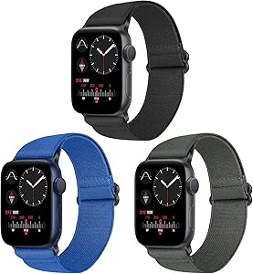 Vodtian Nylon Loop Elastic Watch Band Compatible with Apple Watch 42mm 44mm, Women Men Adjustable Replacement Sport Straps for iWatch Series 6/5/4/3/2/1/SE (Black+Gray+Blue, 42mm/44mm)